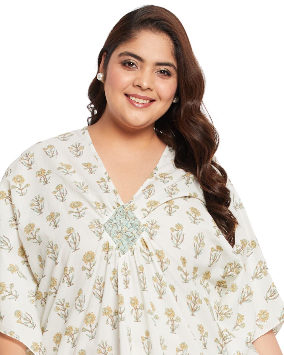 Floral WHITE Cotton Matted Neckline Kaftan For Plus Size Women
