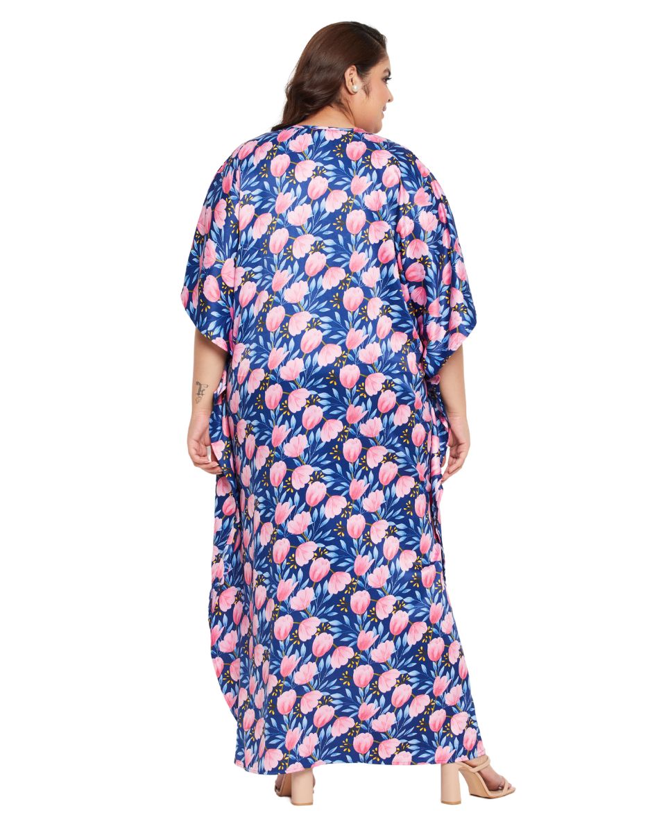 Floral Print Blue And Pink Polyester V Neck Kaftan For Plus Size Women