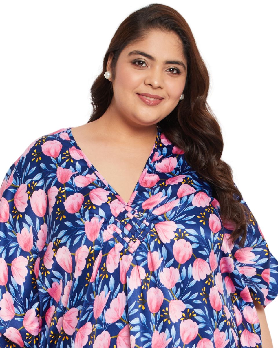 Floral Print Blue And Pink Polyester V Neck Kaftan For Plus Size Women