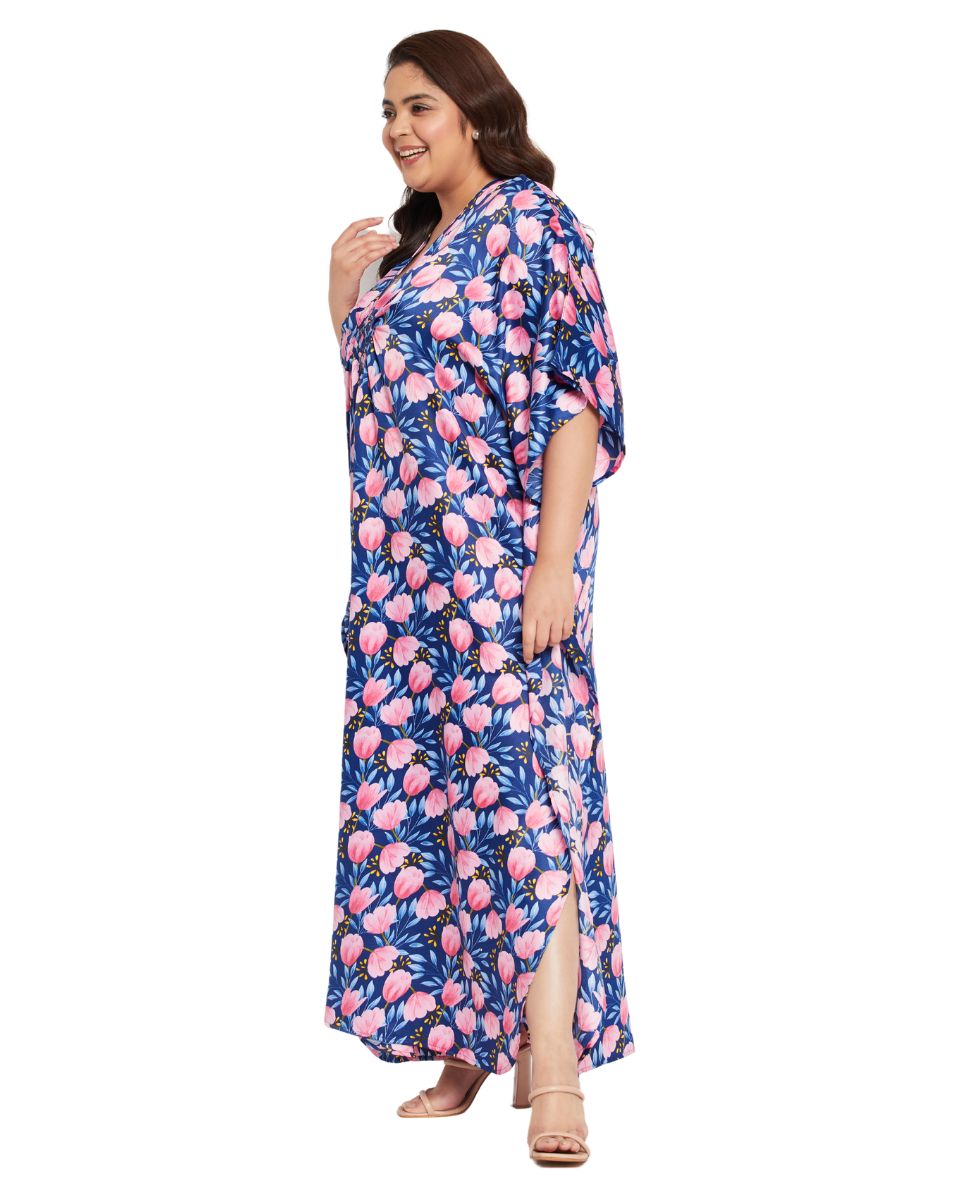 Floral Print Blue And Pink Polyester V Neck Kaftan For Plus Size Women
