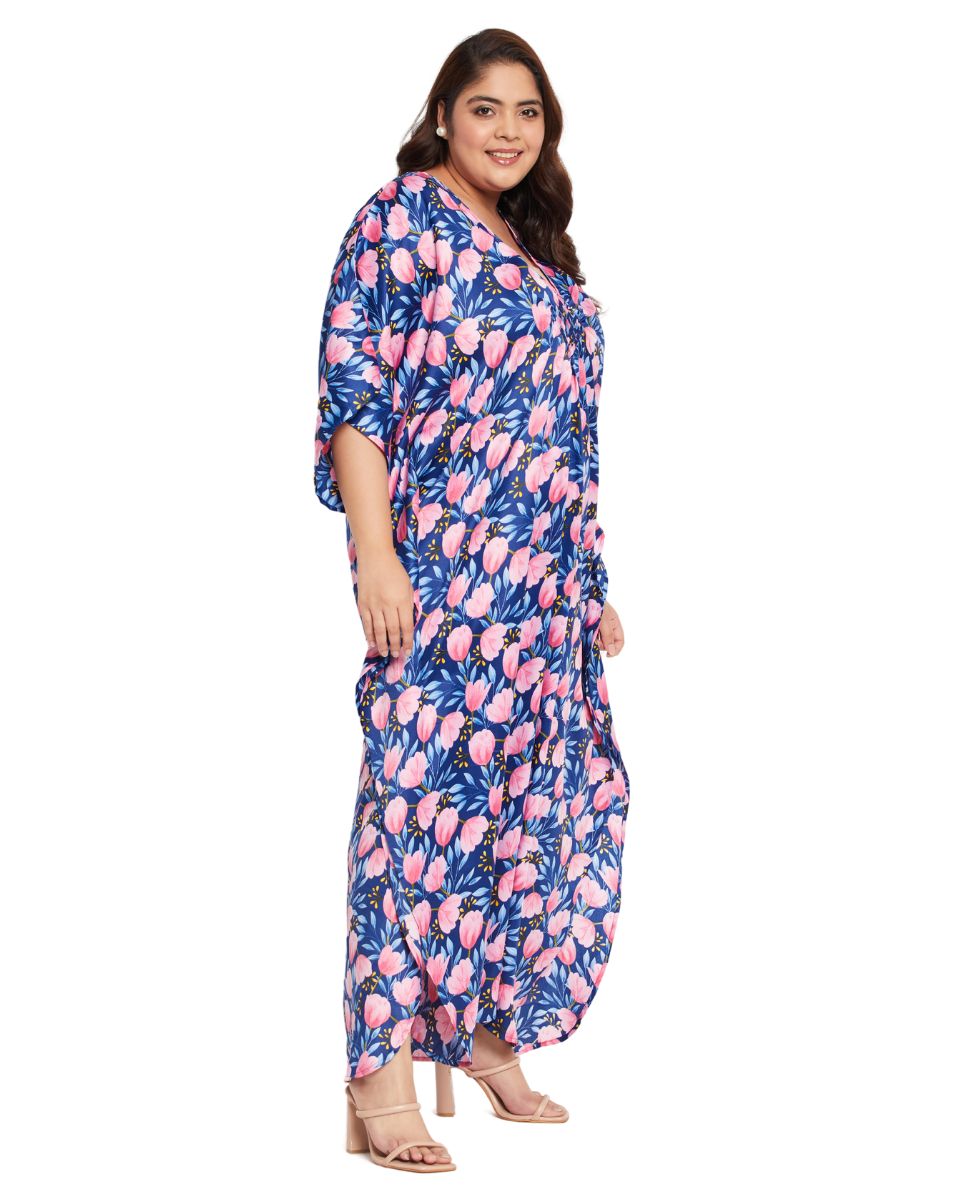 Floral Print Blue And Pink Polyester V Neck Kaftan For Plus Size Women
