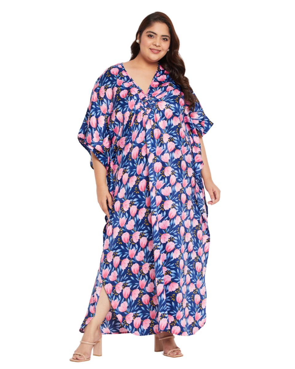 Floral Print Blue And Pink Polyester V Neck Kaftan For Plus Size Women