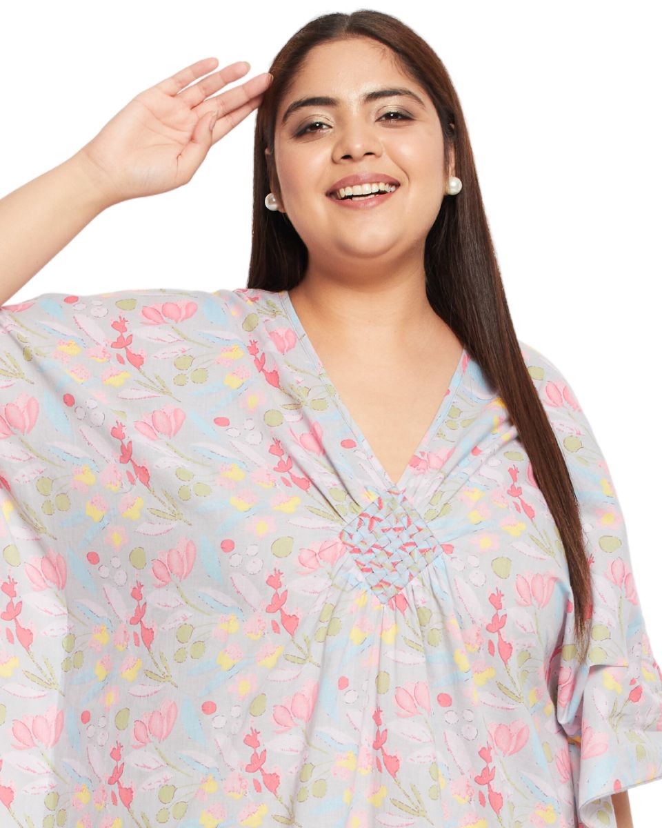 Floral Gray Cotton Matted Neckline Plus Size Kaftan For Women