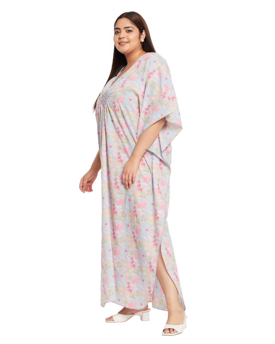 Floral Gray Cotton Matted Neckline Plus Size Kaftan For Women