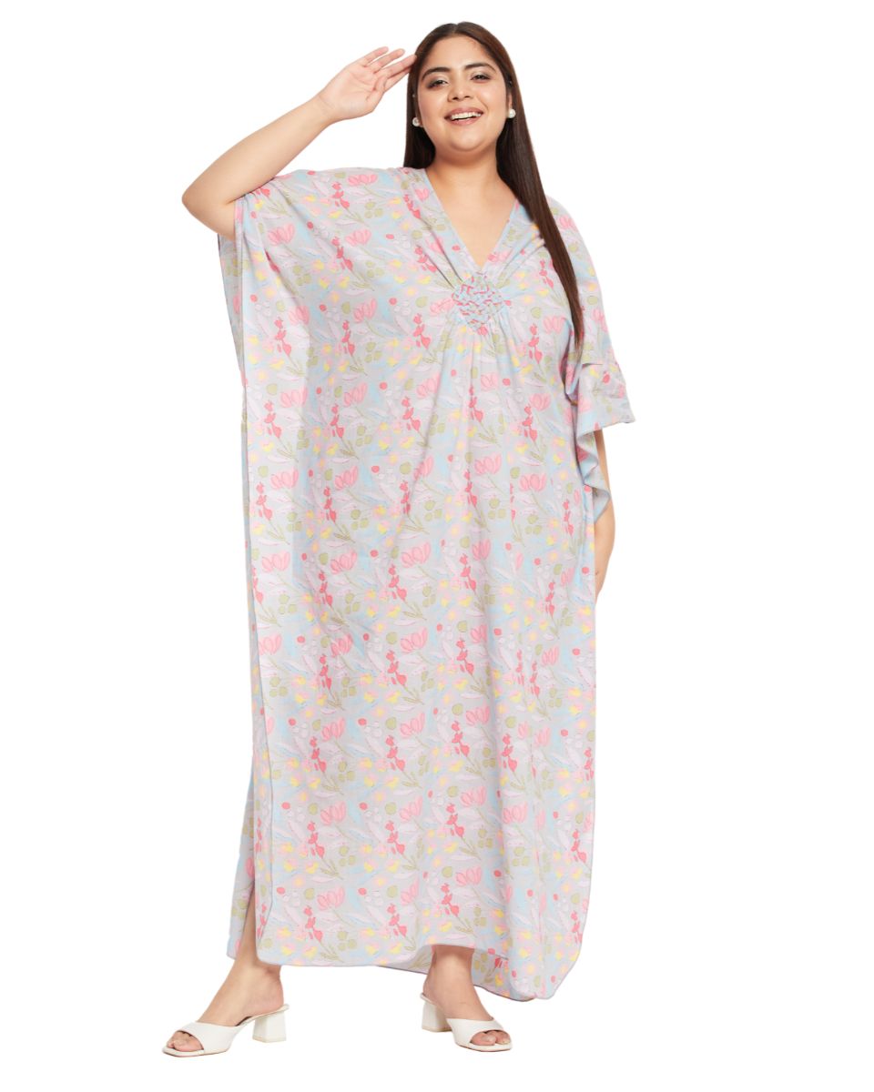 Floral Gray Cotton Matted Neckline Plus Size Kaftan For Women