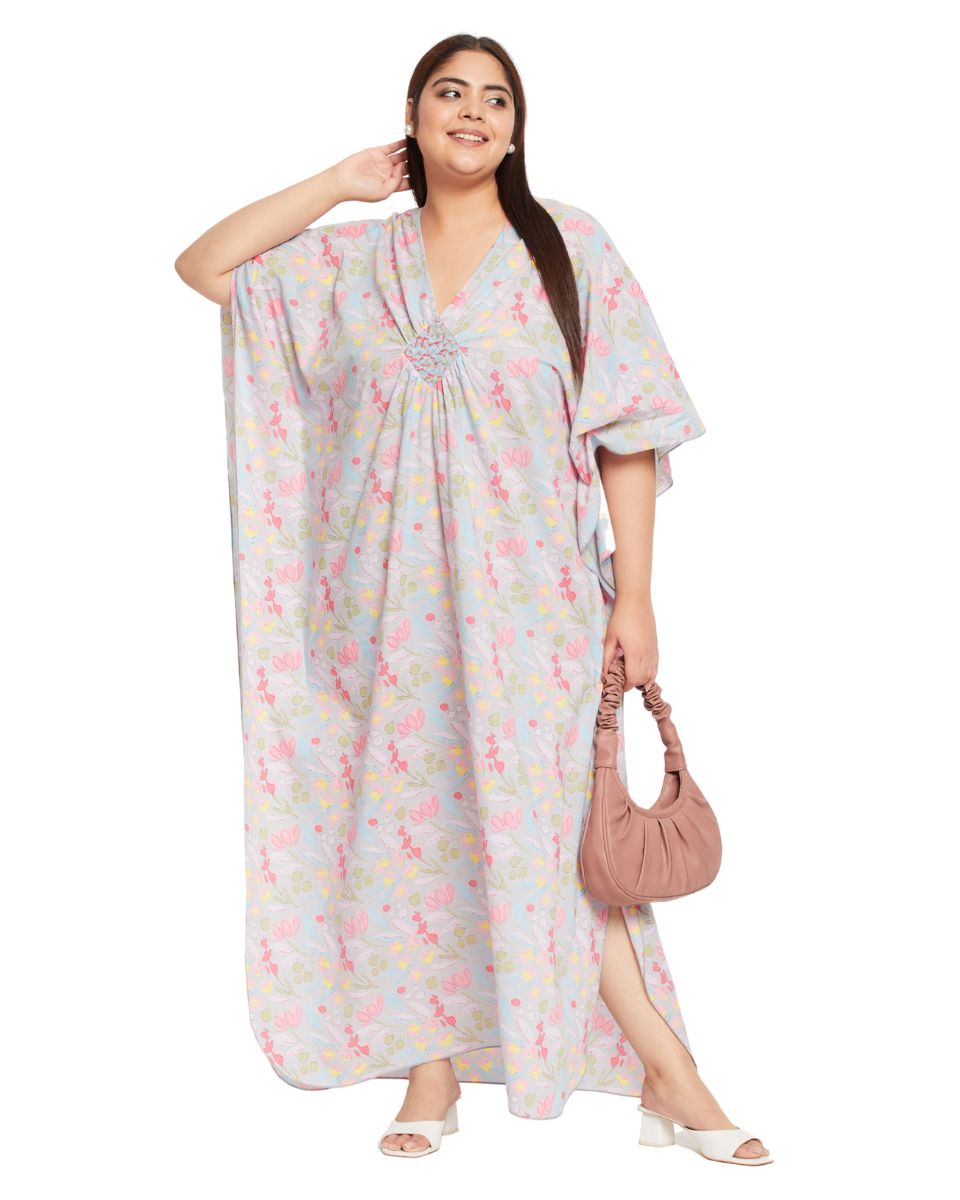 Floral Gray Cotton Matted Neckline Plus Size Kaftan For Women