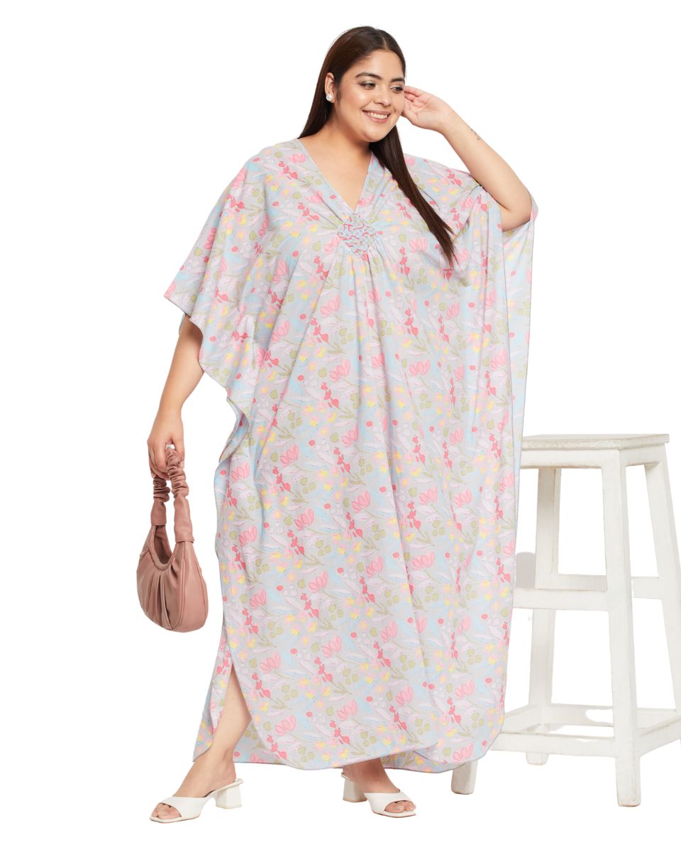 Floral Gray Cotton Matted Neckline Plus Size Kaftan For Women