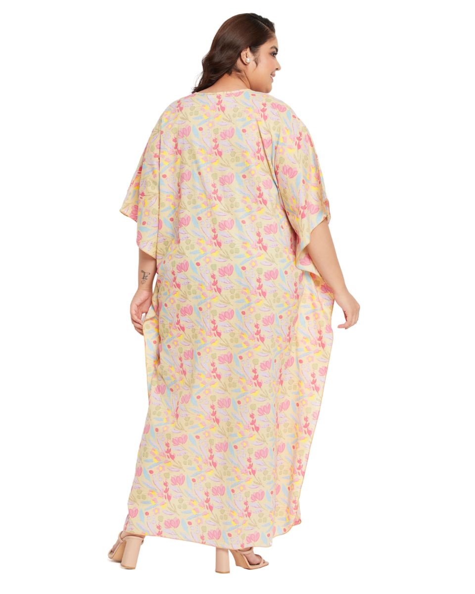Floral YELLOW Cotton Matted Neckline Kaftan For Plus Size Women