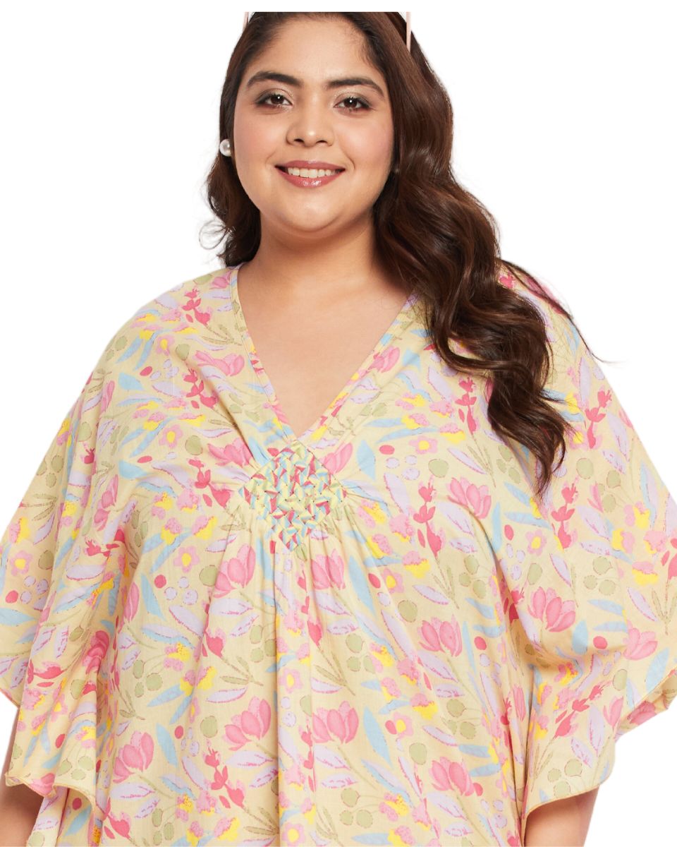 Floral YELLOW Cotton Matted Neckline Kaftan For Plus Size Women