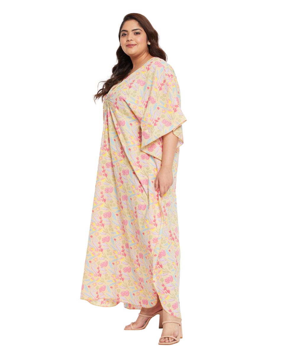 Floral YELLOW Cotton Matted Neckline Kaftan For Plus Size Women