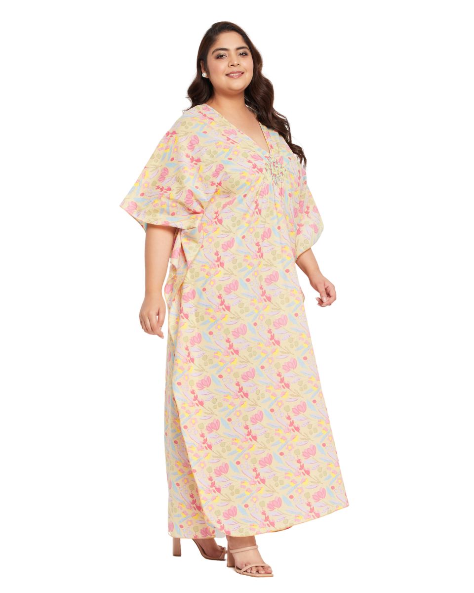 Floral YELLOW Cotton Matted Neckline Kaftan For Plus Size Women