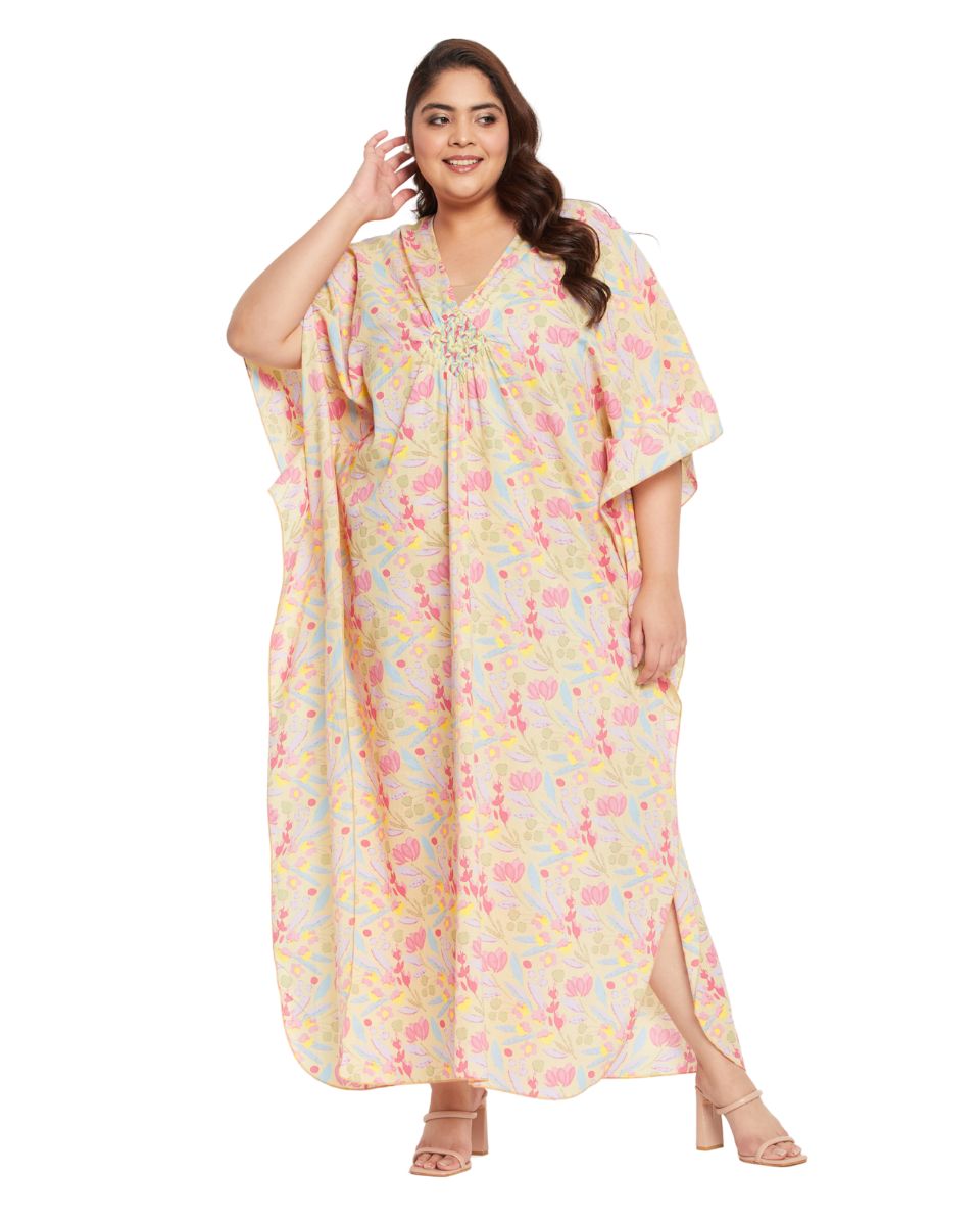 Floral YELLOW Cotton Matted Neckline Kaftan For Plus Size Women