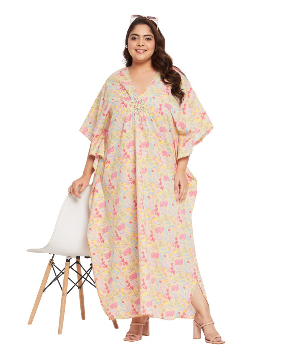 Floral YELLOW Cotton Matted Neckline Kaftan For Plus Size Women