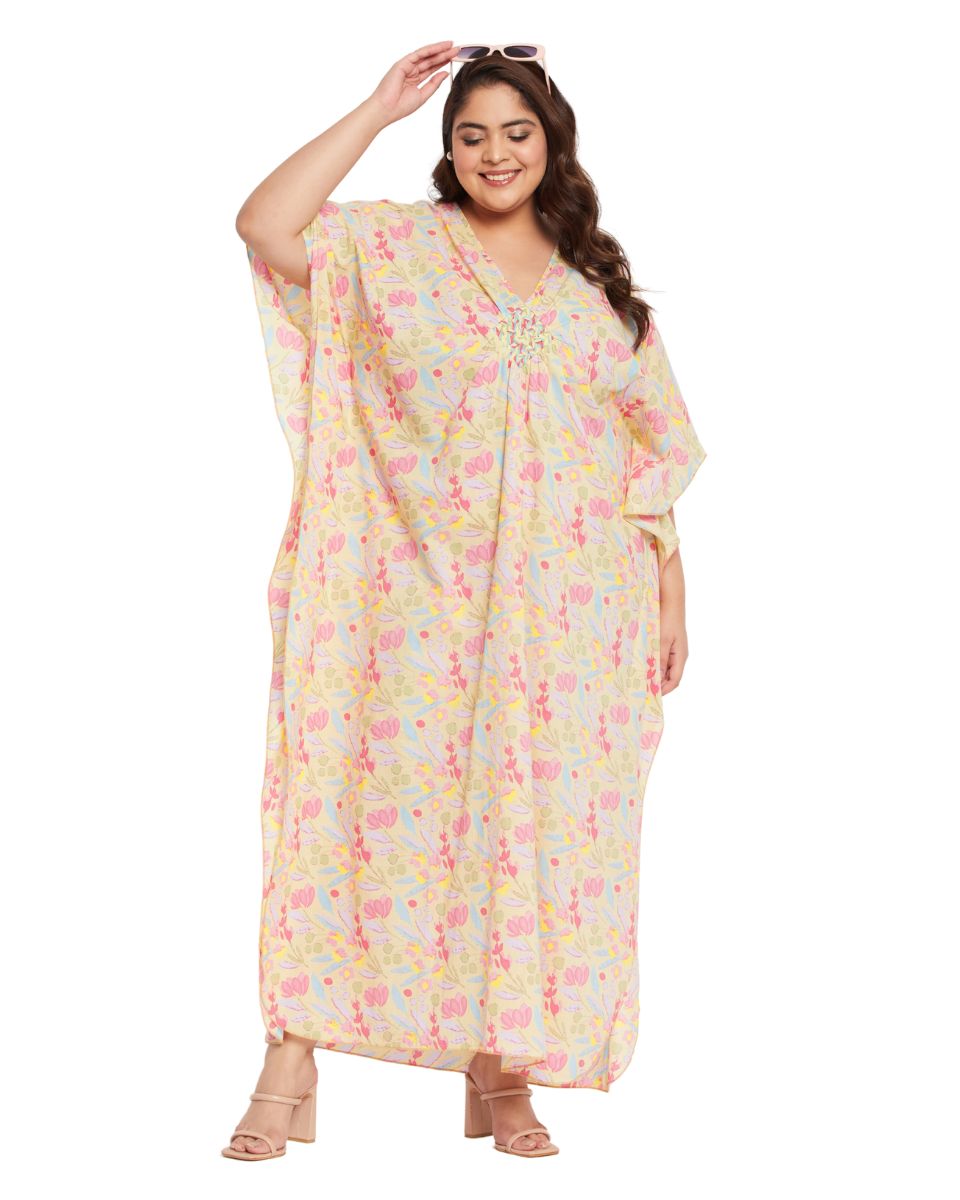 Floral YELLOW Cotton Matted Neckline Kaftan For Plus Size Women