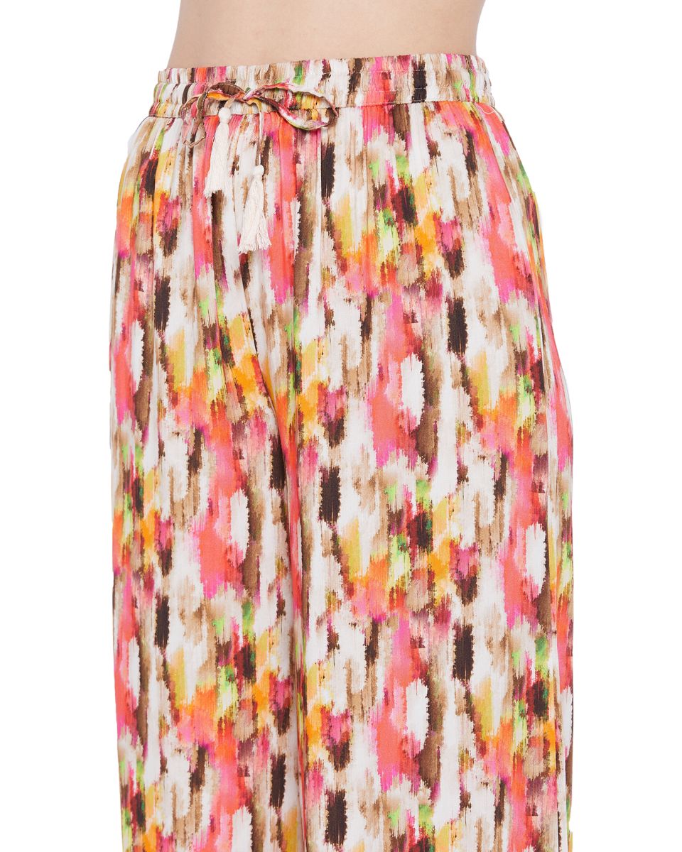 Abstract Printed Cream Rayon Cord Set for Women