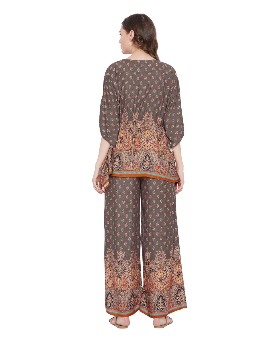 Floral Printed Brown Rayon Cord Set For Women