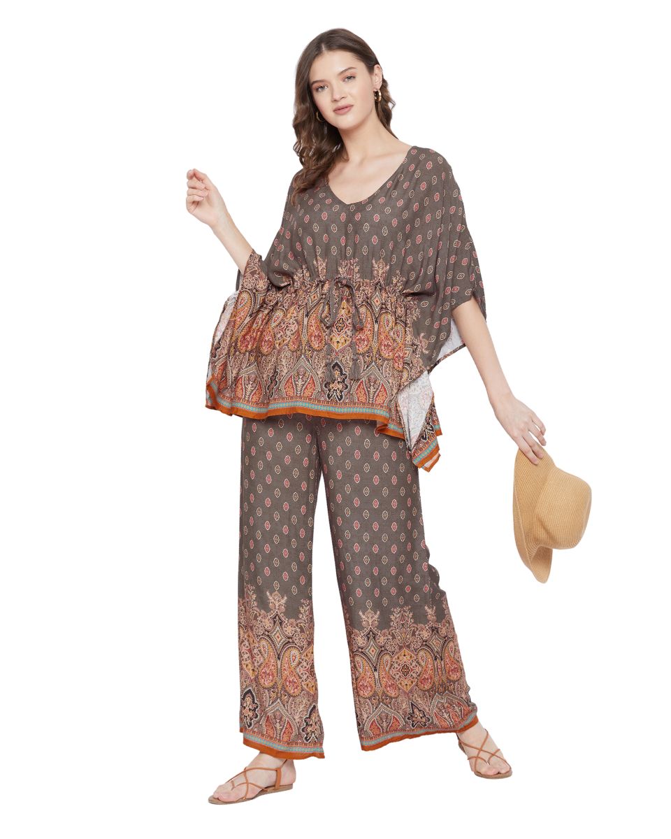 Floral Printed Brown Rayon Cord Set For Women