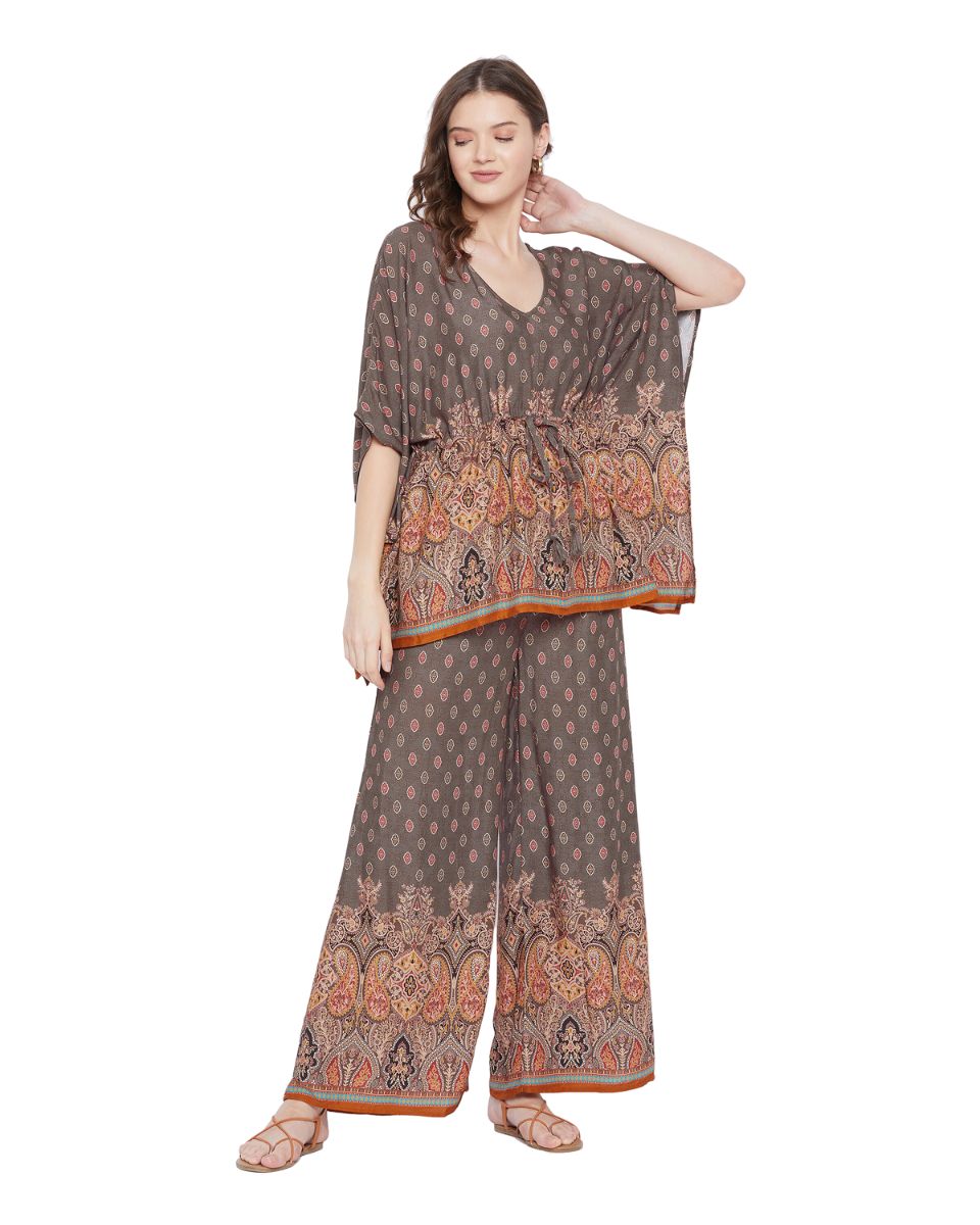 Floral Printed Brown Rayon Cord Set For Women