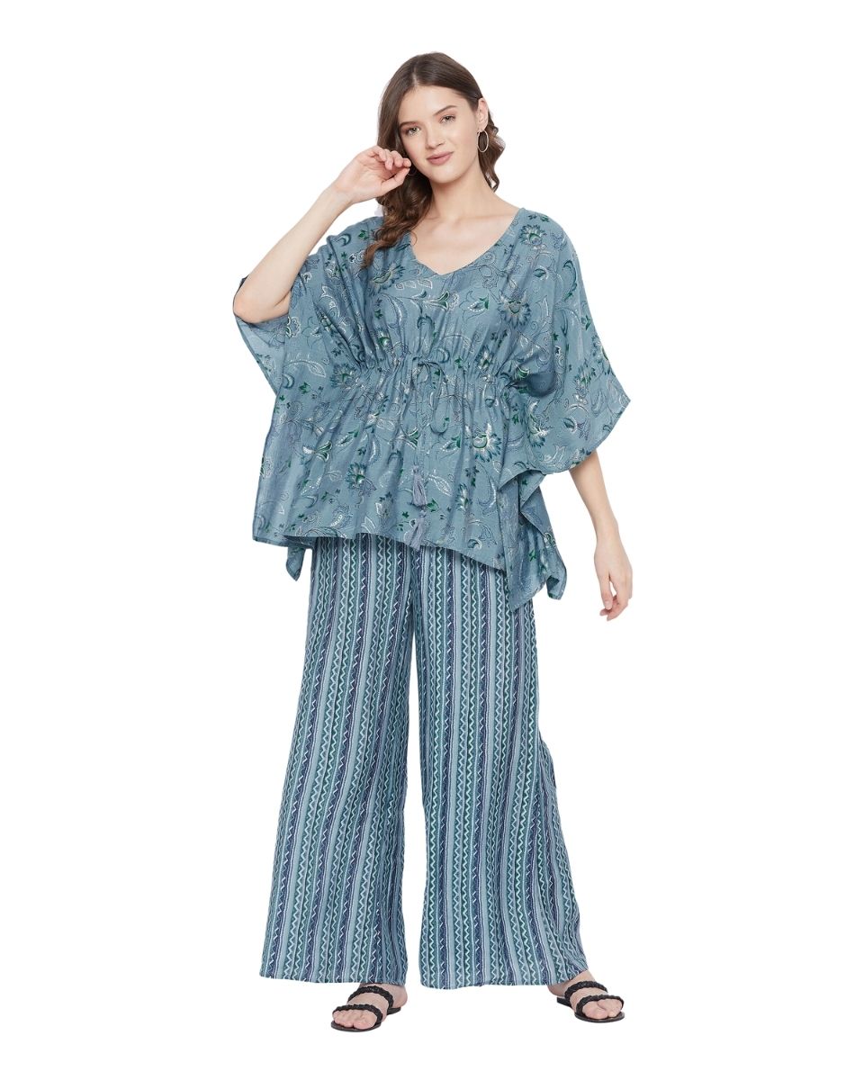Floral Printed Blue Muslin Foil Cord Set For Women