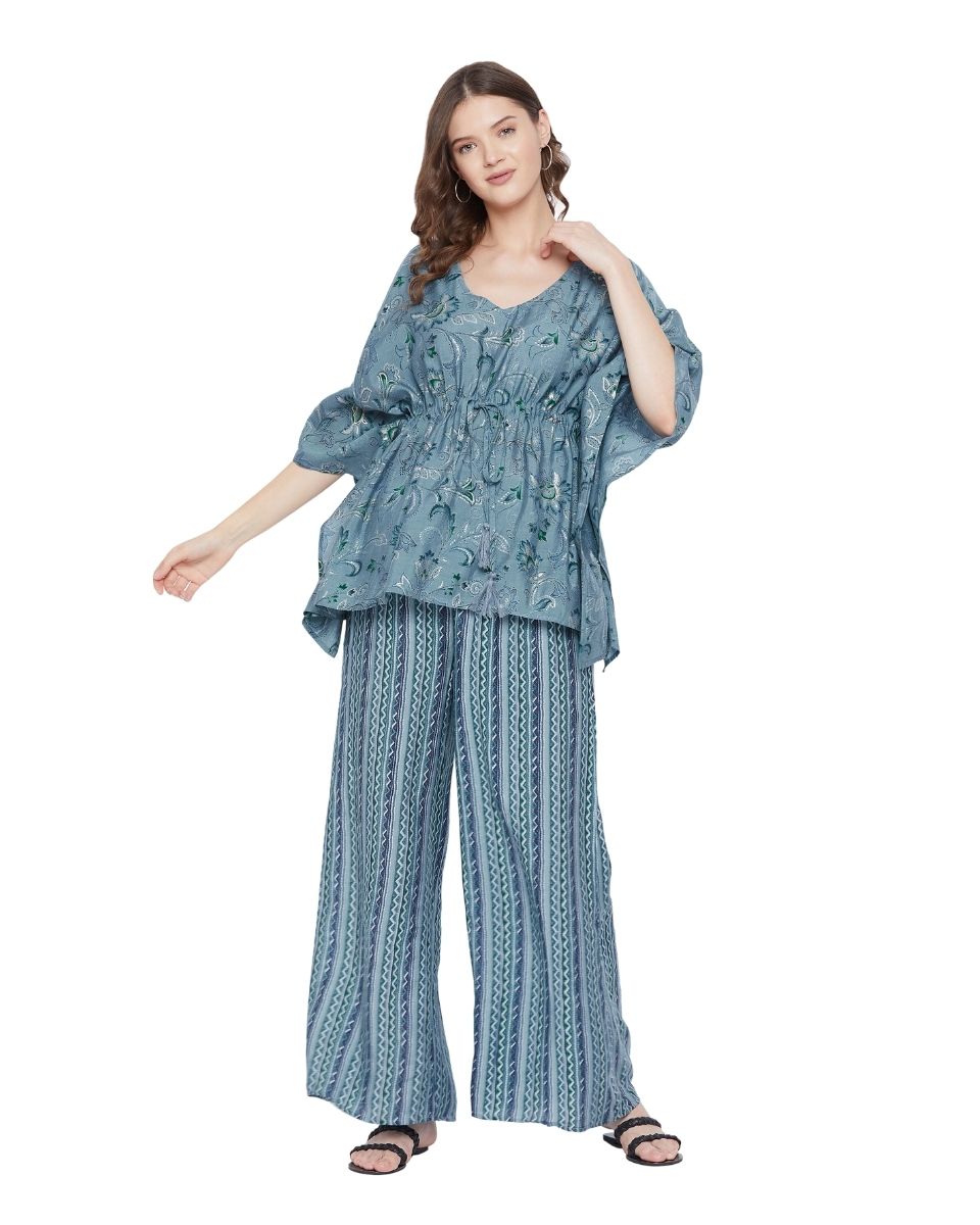 Floral Printed Blue Muslin Foil Cord Set For Women