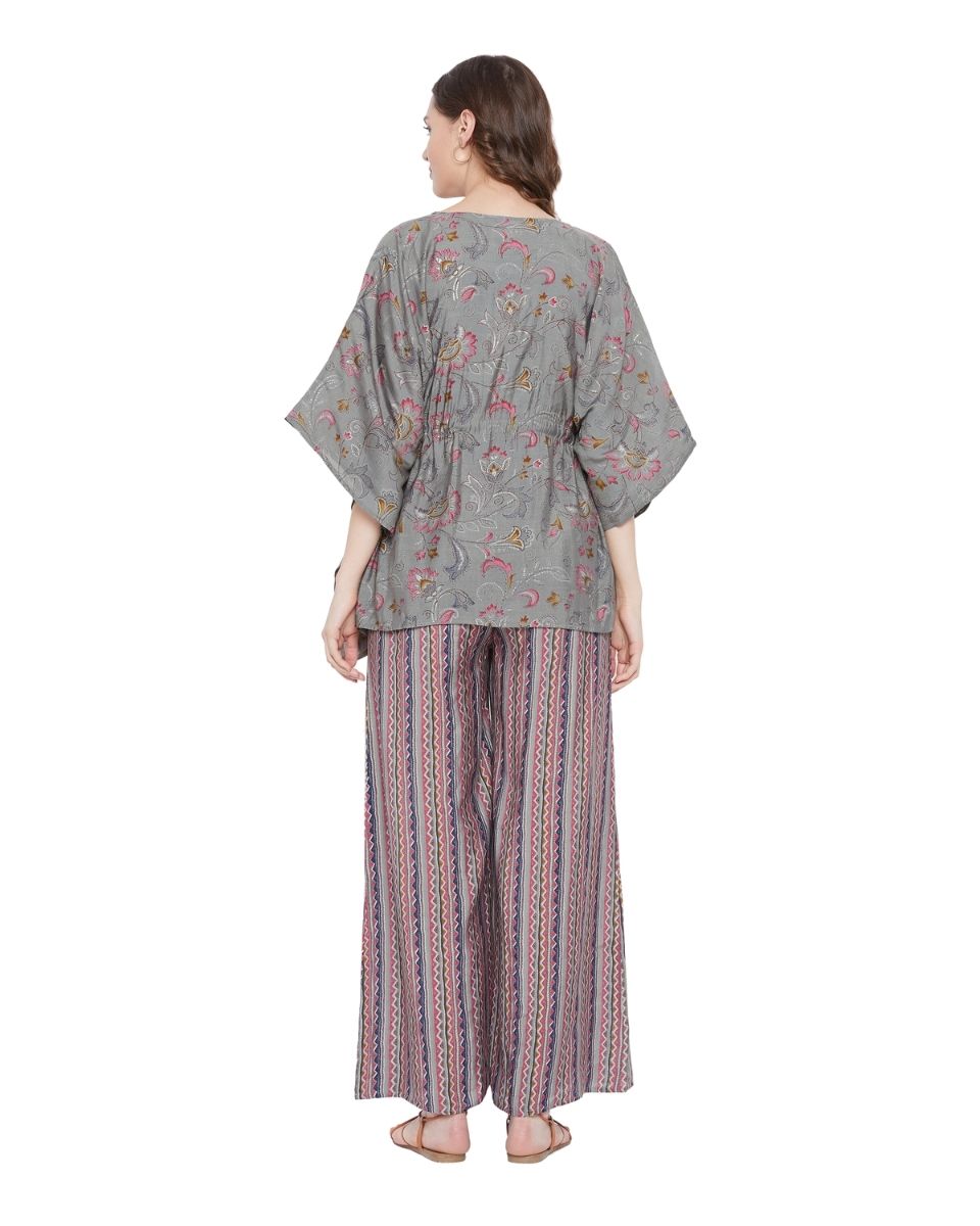 Floral Printed Gray Muslin Foil Cord Set For Women