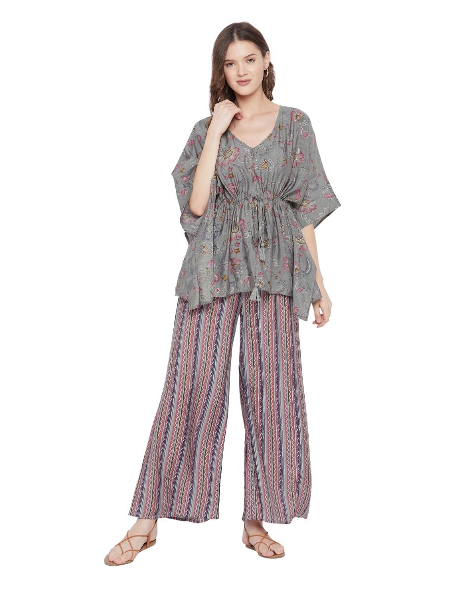 Floral Printed Gray Muslin Foil Cord Set For Women