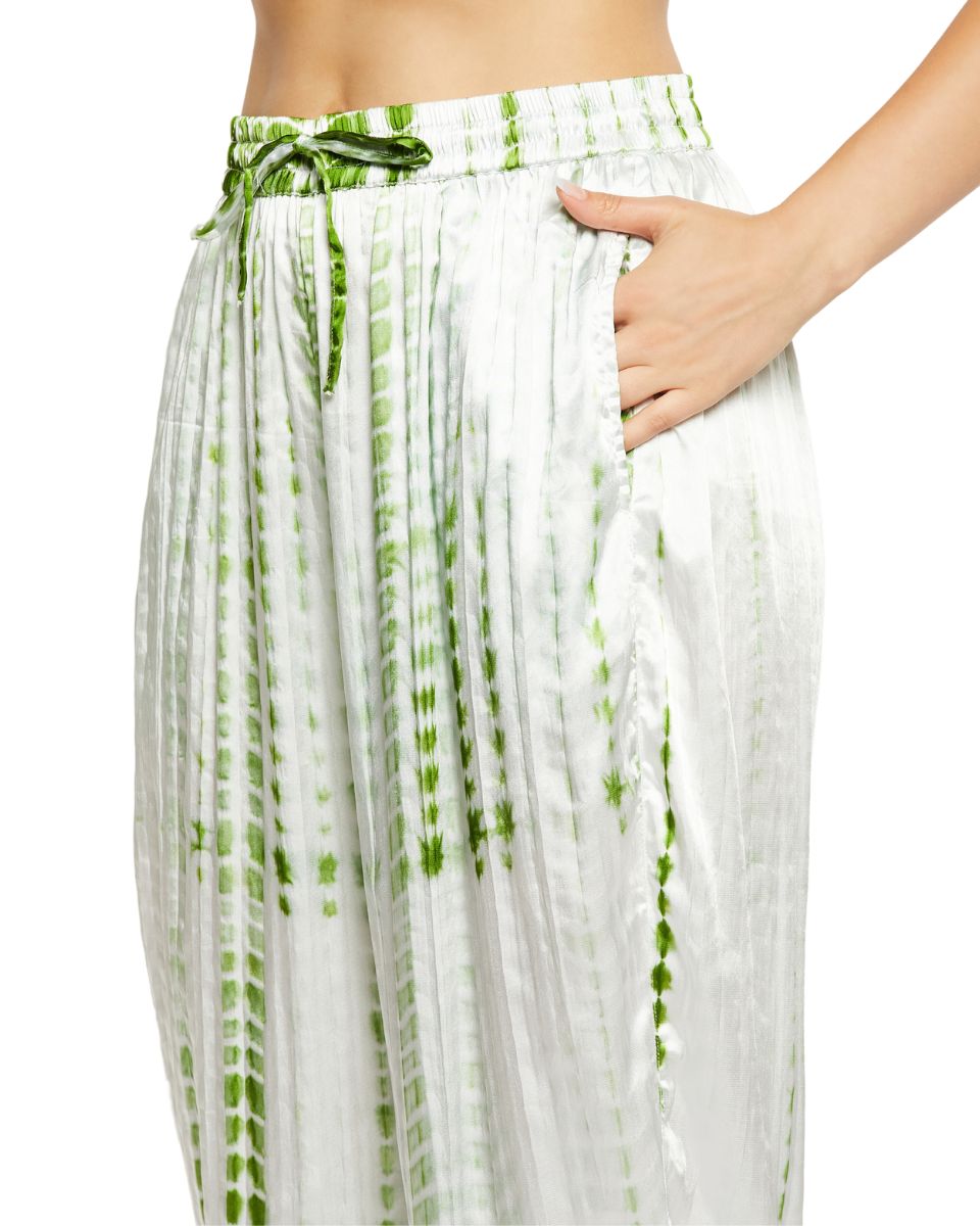 Tie Dye Printed Light Green Satin Cord Set For Women