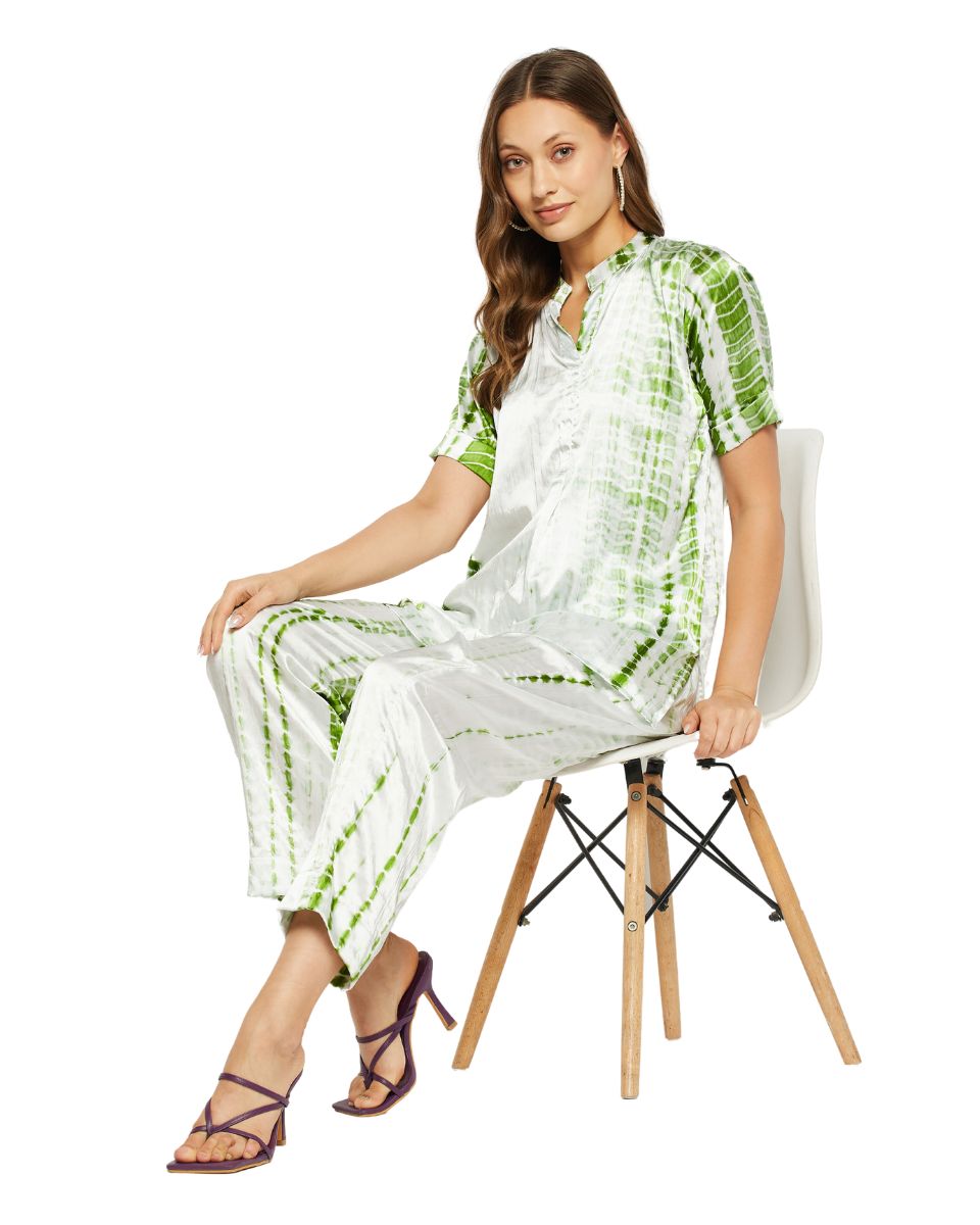 Tie Dye Printed Light Green Satin Cord Set For Women