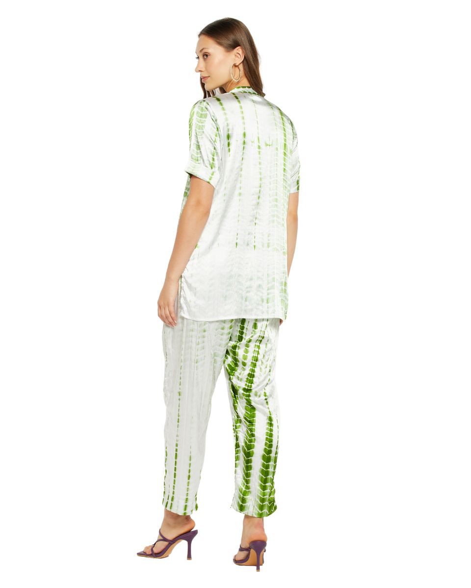 Tie Dye Printed Light Green Satin Cord Set For Women