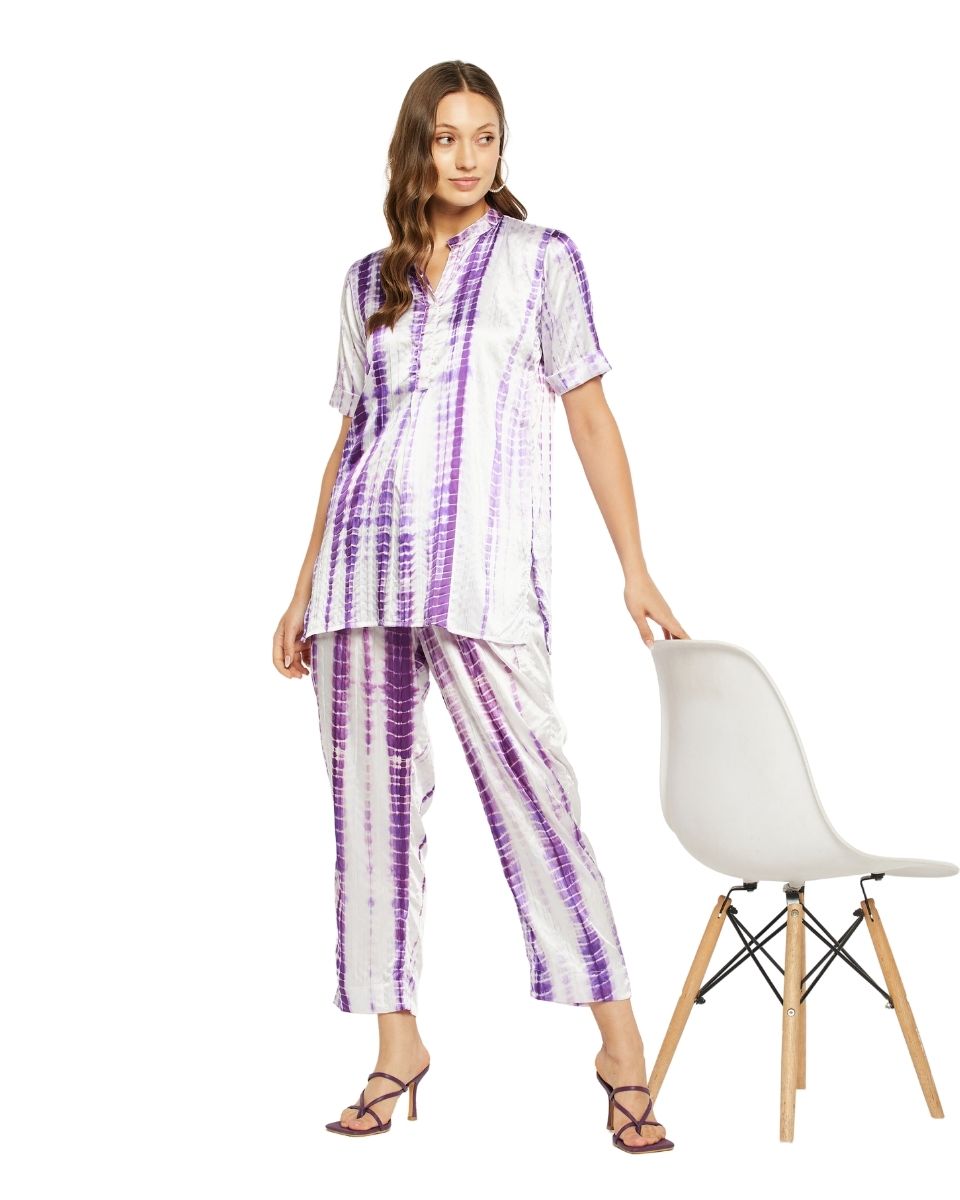 Tie Dye Printed Purple Satin Cord Set For Women
