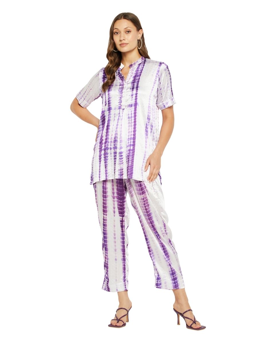 Tie Dye Printed Purple Satin Cord Set For Women