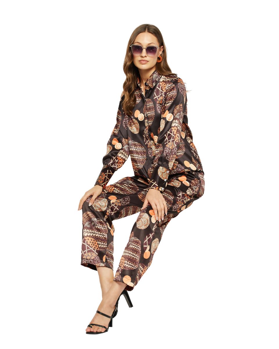 Geometric Printed Black Satin Cord Set For Women