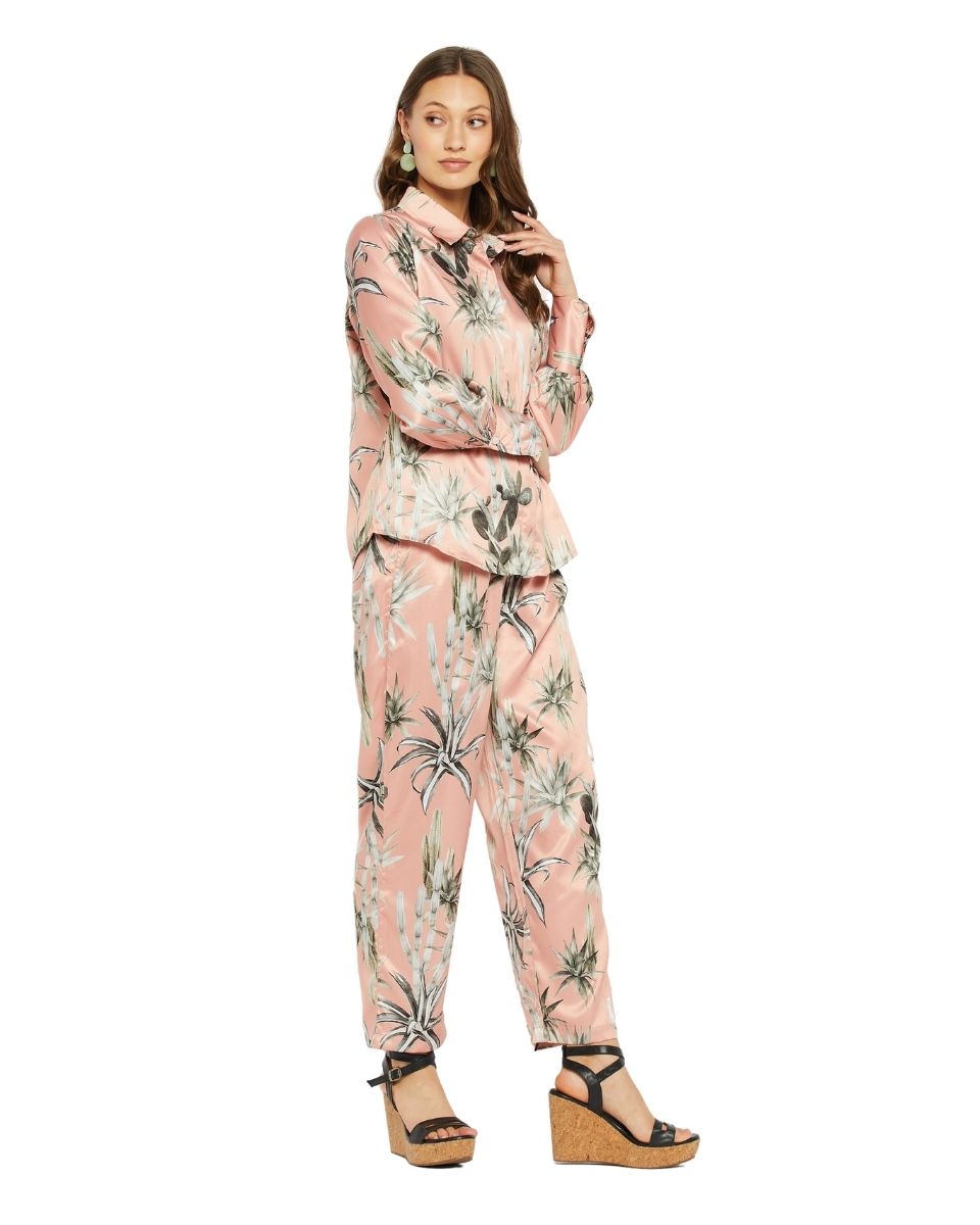 Beige Satin Cord Set with Florals