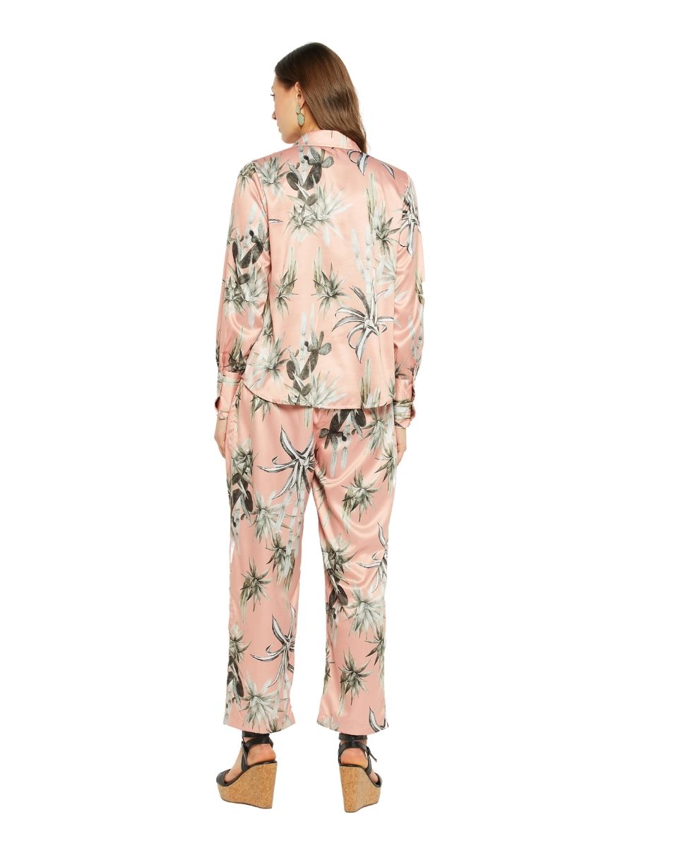 Floral Printed Beige Satin Cord Set For Women