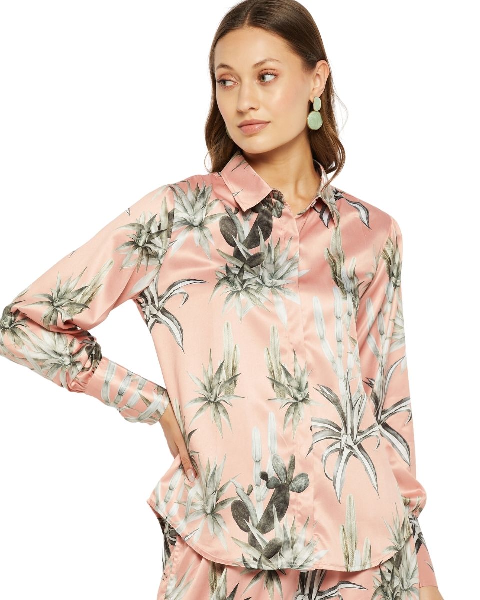 Elegant Beige Satin Cord Set with Floral Prints