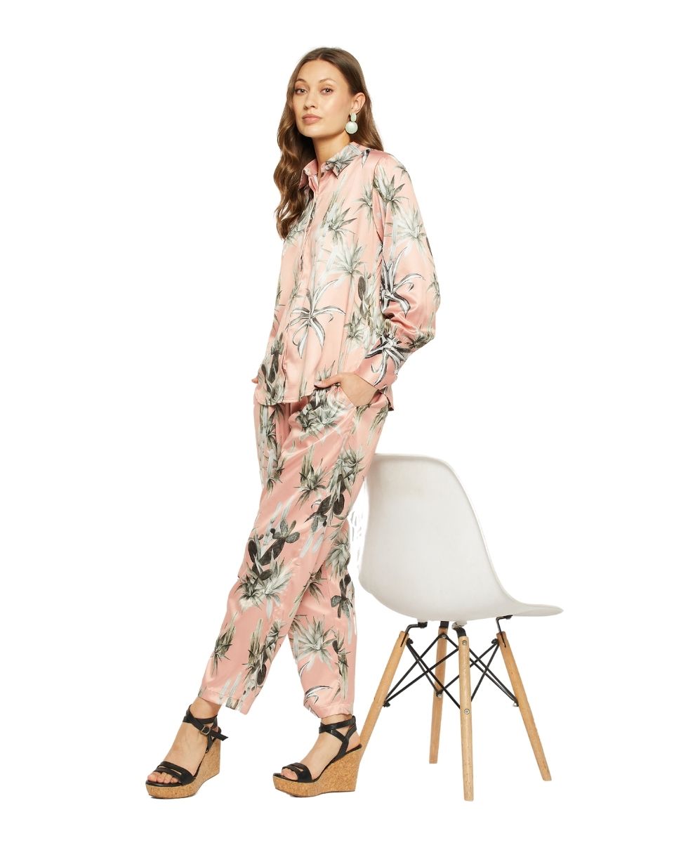 Floral Printed Beige Satin Cord Set For Women