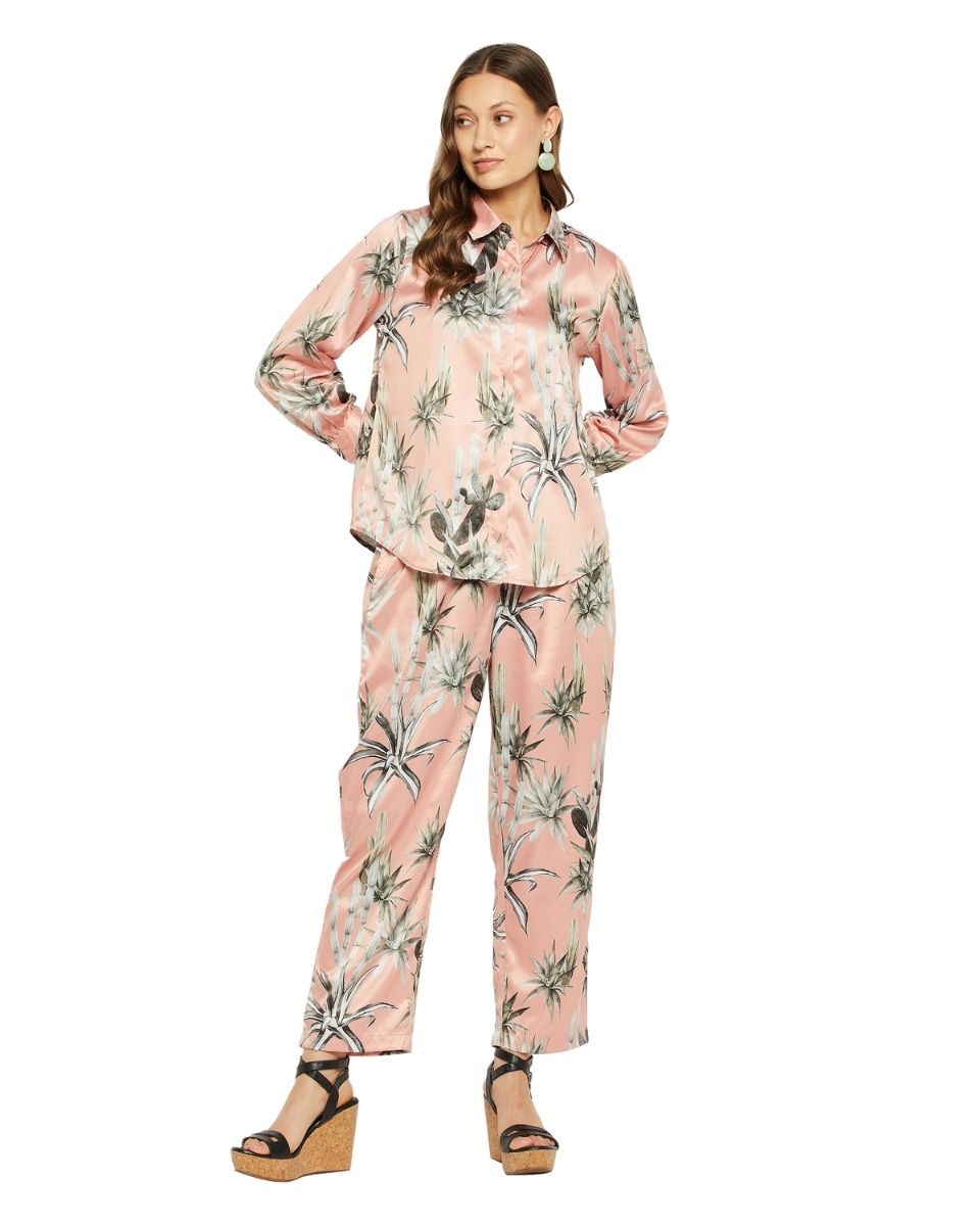 Floral Beige Satin Cord Set