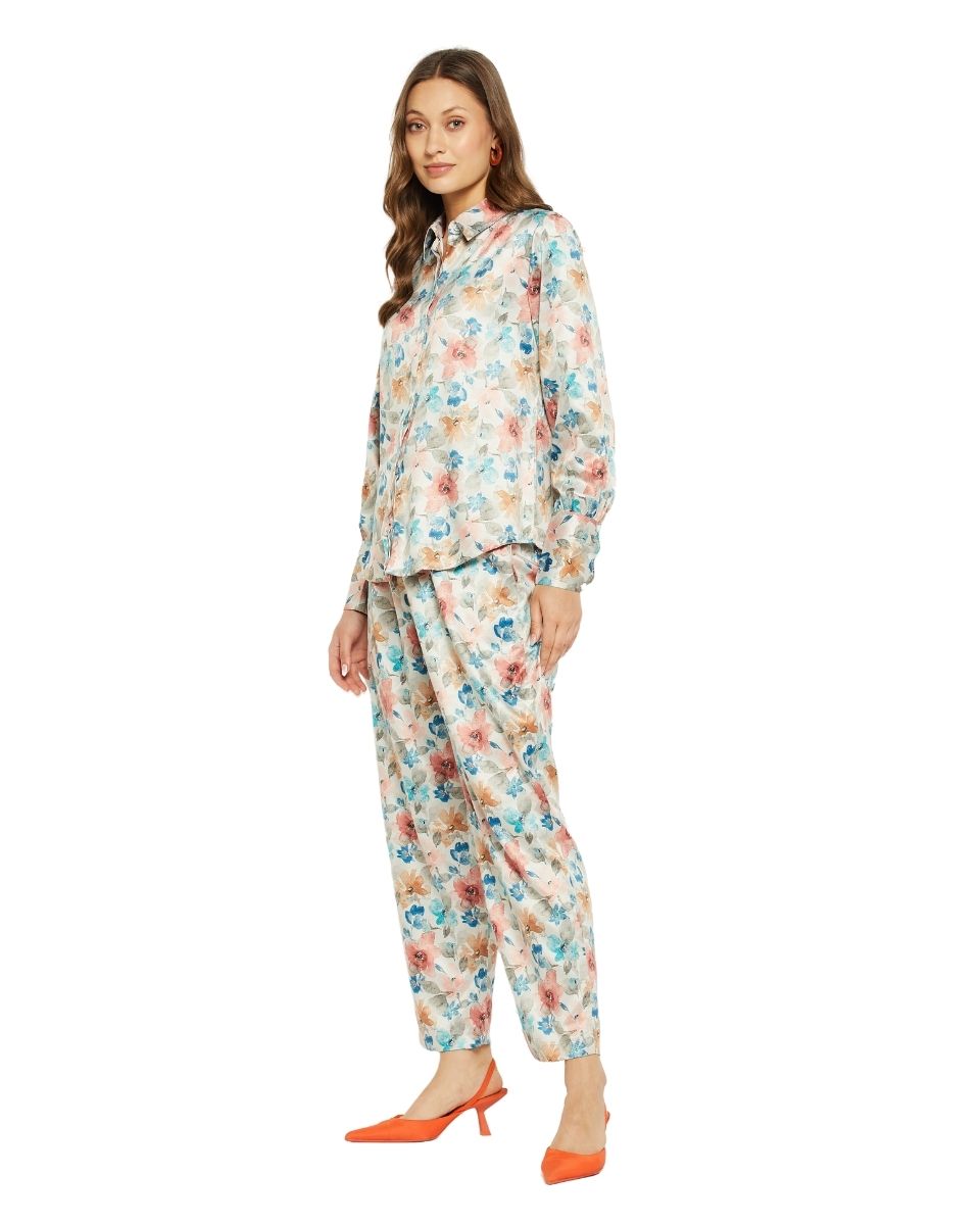 Multicolor floral print satin co-ord set with long sleeve button shirt and matching trousers — additional view