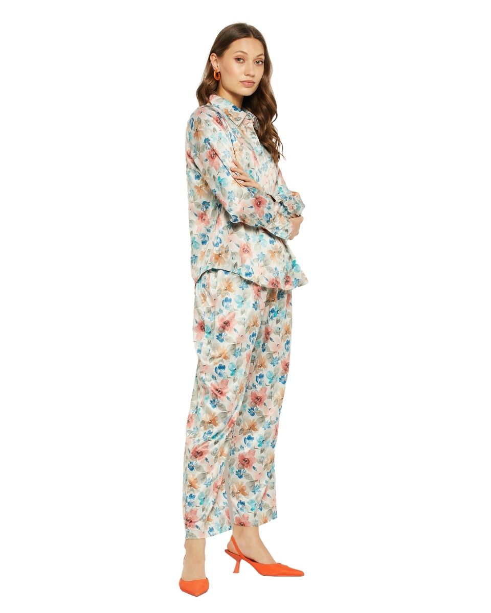 Multicolor floral print satin co-ord set with long sleeve button shirt and matching trousers — another angle