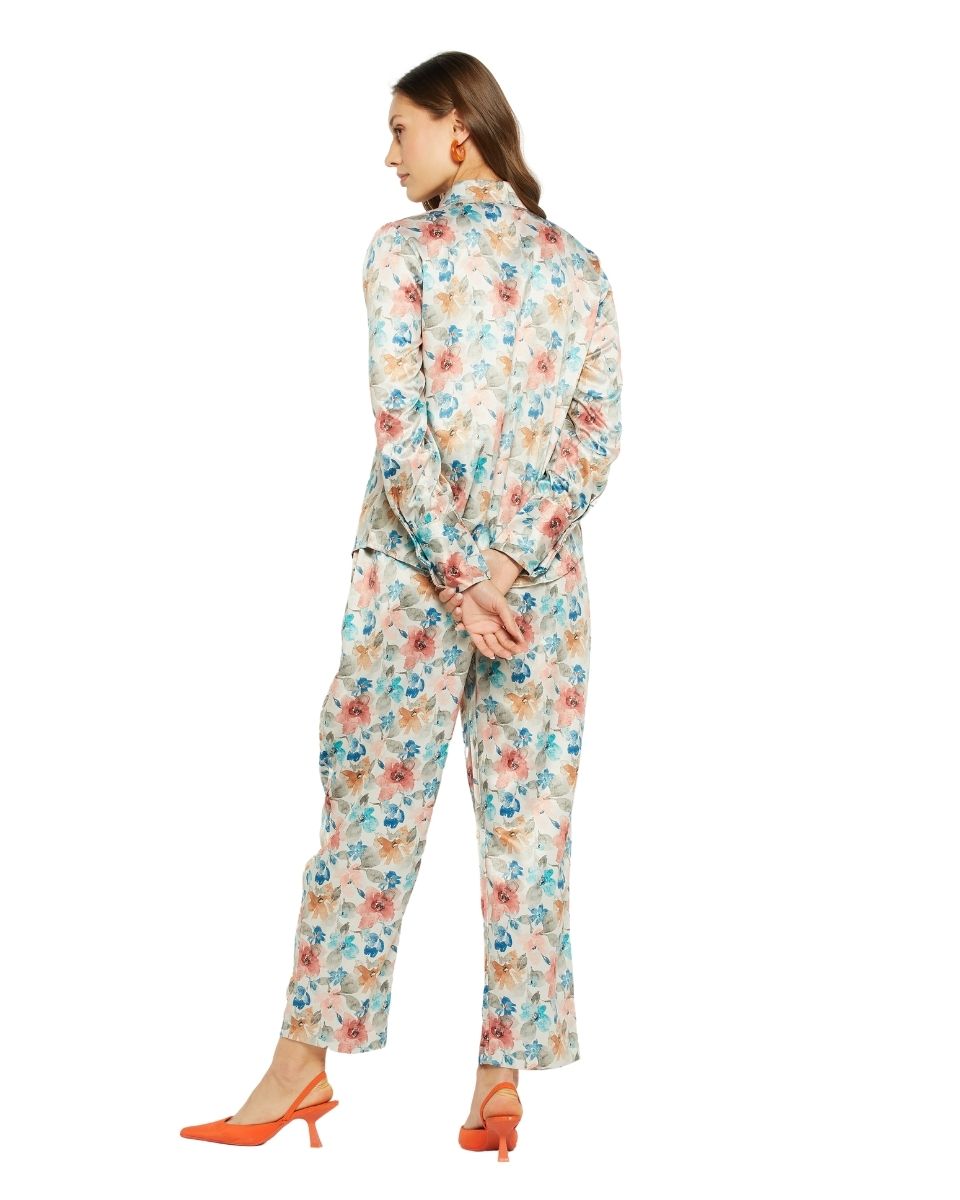 Multicolor floral print satin co-ord set with long sleeve button shirt and matching trousers — additional angle
