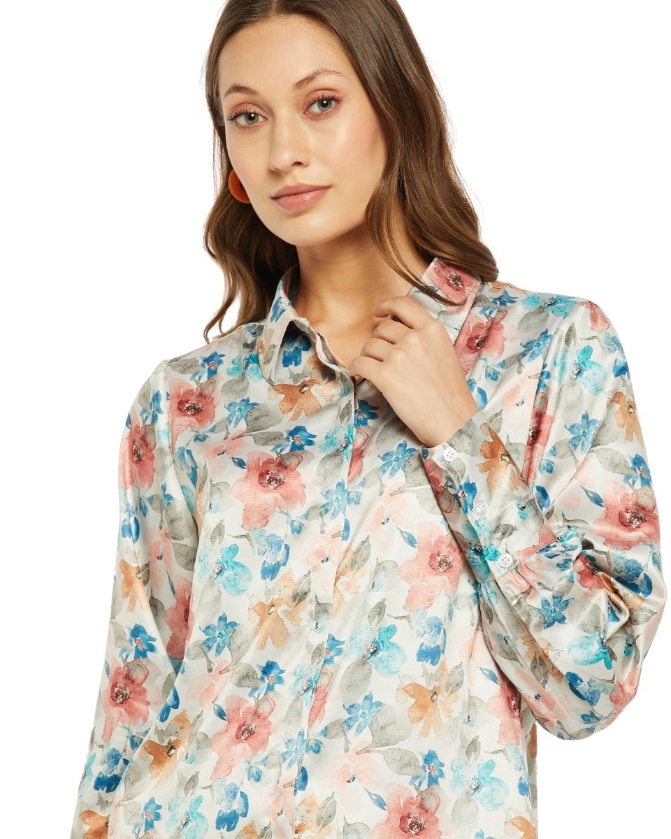 Multicolor floral print satin co-ord set with long sleeve button shirt and matching trousers — further product view