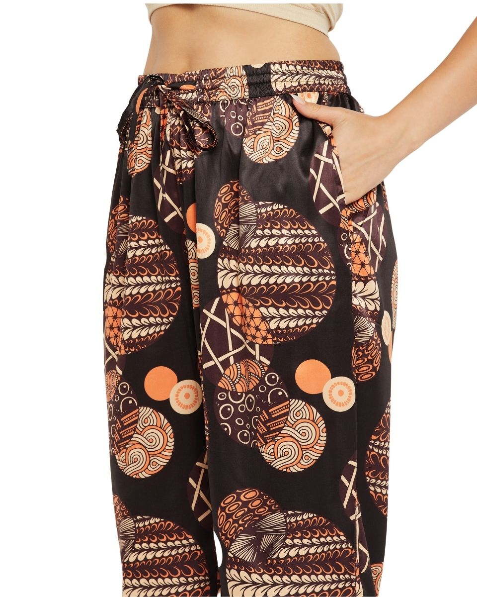 Geometric Printed Black Satin Cord Set For Women