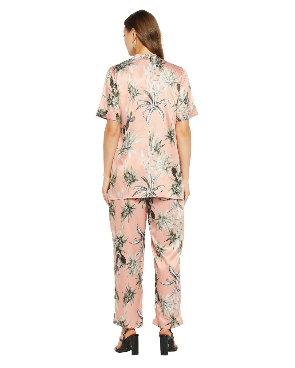 Beige Color Floral Printed Satin Cord Set For Women