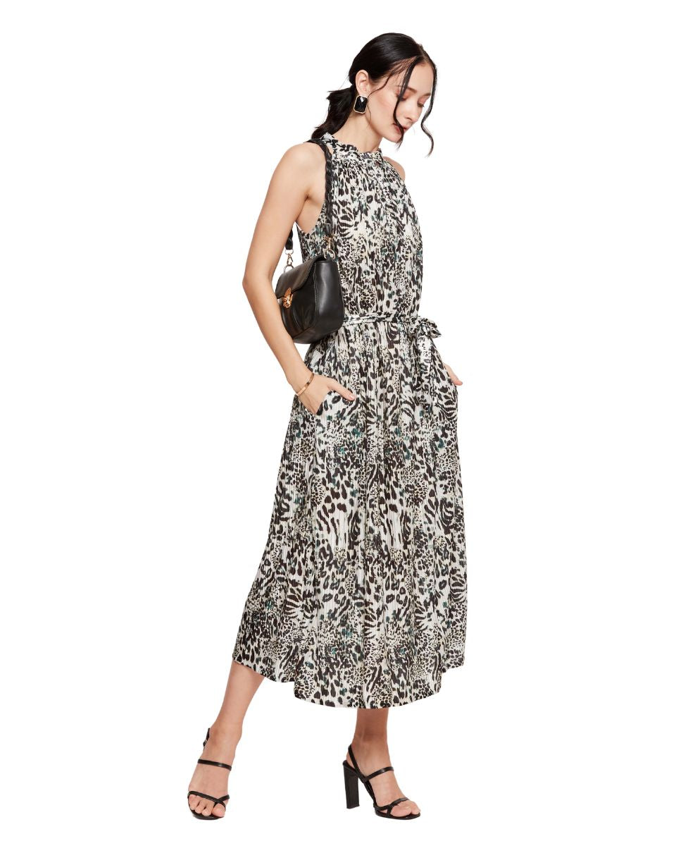Leopard Print Black And White Halter Neck A Line Midi Dress For Women