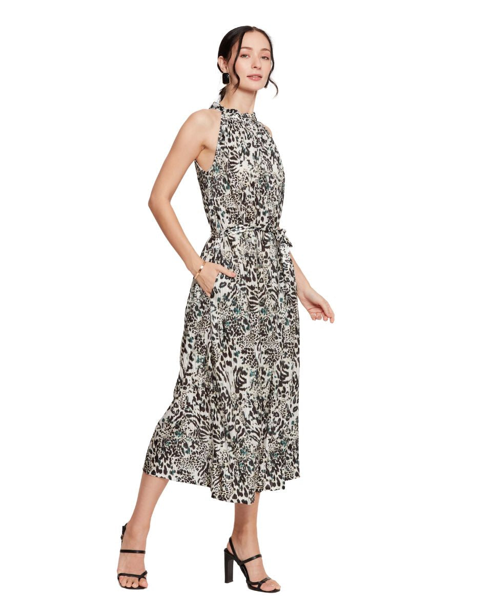 Leopard Print Black And White Halter Neck A Line Midi Dress For Women