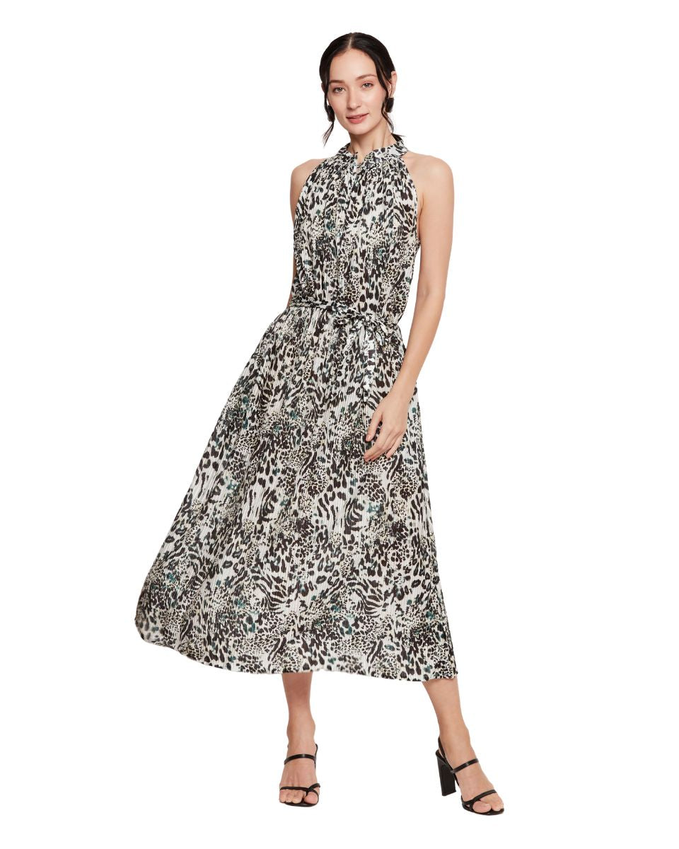 Leopard Print Black And White Halter Neck A Line Midi Dress For Women