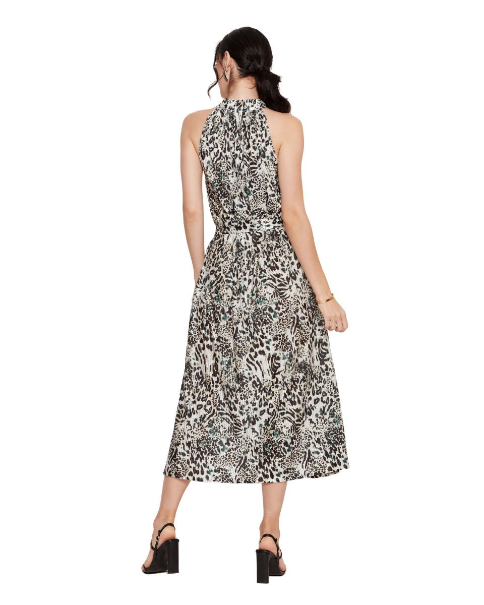Leopard Print Black And White Halter Neck A Line Midi Dress For Women