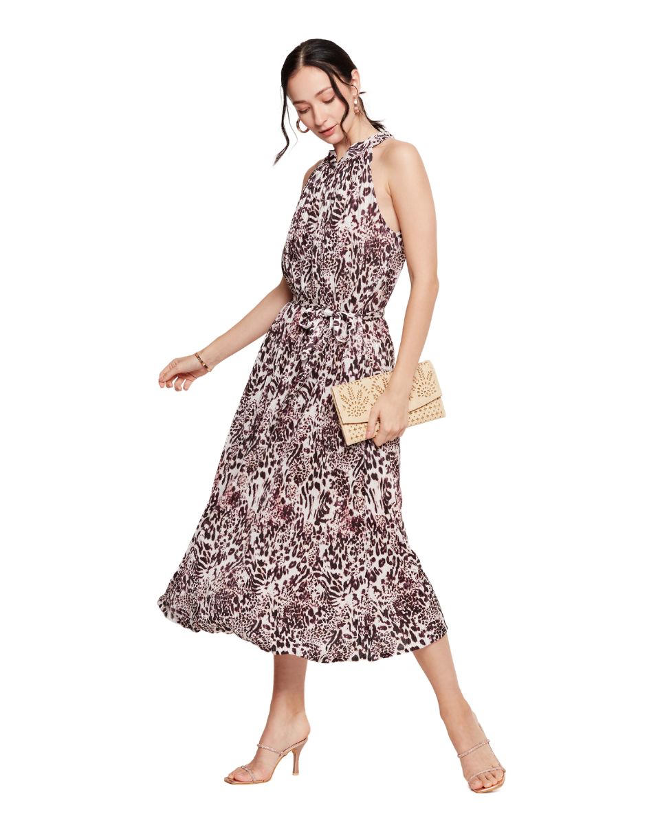 Wine Animal Print Midi Dress for Women