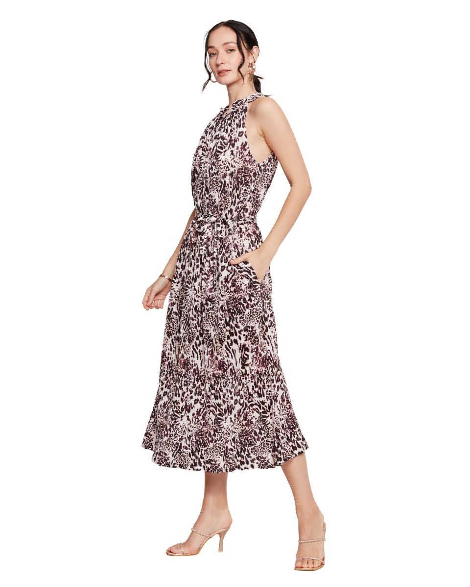 Wine Animal Print Midi Dress for Women