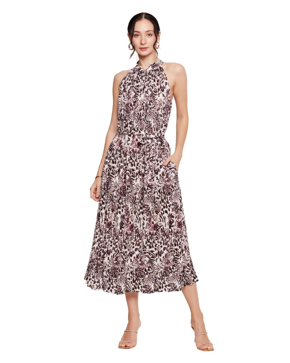 Wine Animal Print Midi Dress for Women